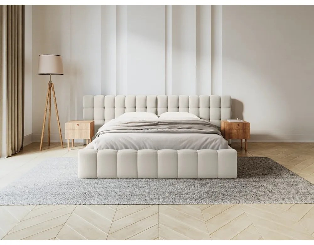 Krémszínű kárpitozott ágyneműtartós franciaágy ágyráccsal 200x200 cm Mamaia – Micadoni Home