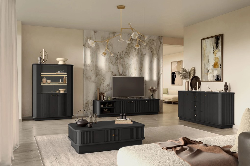 Vesper 3D TV-szekrény 187 cm talapzaton - fekete / arany fogantyúk