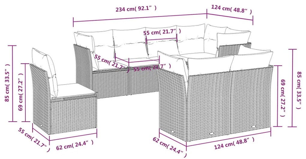 8 részes barna polyrattan kerti ülőgarnitúra párnákkal