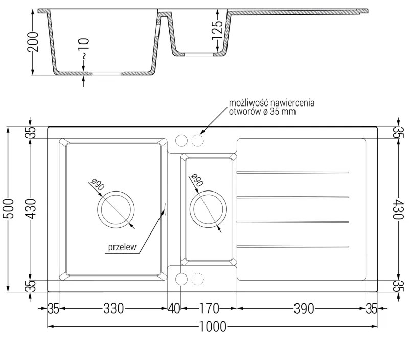 Mexen Andres, 1,5 kamrás gránit mosogató 1000x500x200 mm és Aster mosogató csaptelep, fekete-arany metál, 6515-75-73450-07