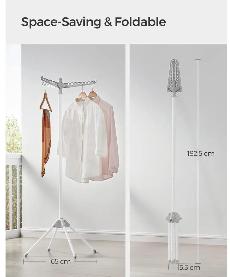 Ruhaszárító állvány, 3 forgatható karral vállfák számára 150 cm magas, szürke és fehér színben