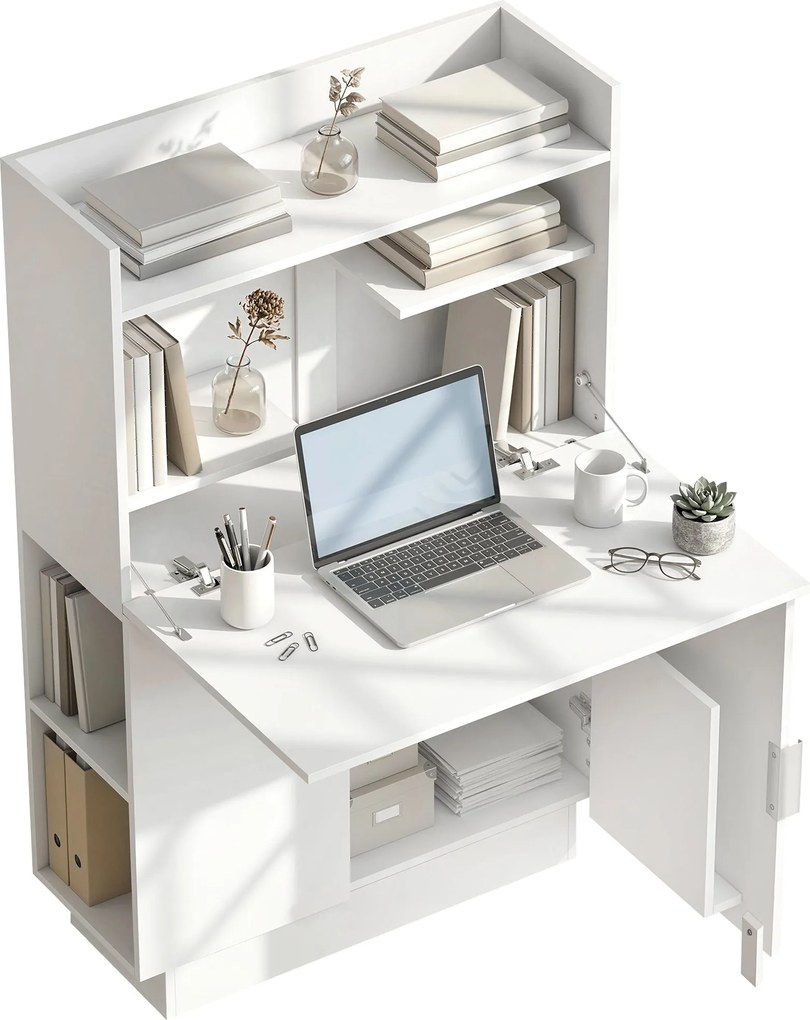 HOMCOM összecsukható íróasztal polcokkal és szekrénnyel, 80 x 30 x 128 cm, modern otthoni íróasztal, fehér | Aosom
