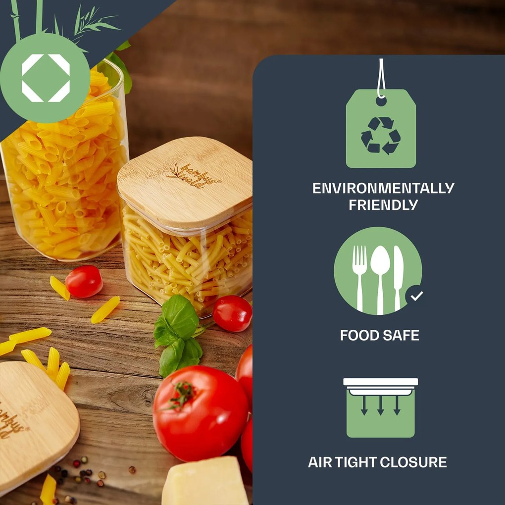 Klarstein Szögletes élelmiszertároló edény bambusz fedéllel, 10 × 20,5 × 10 cm, 3 × 1500 ml, légmentes, szilikon tömítéssel