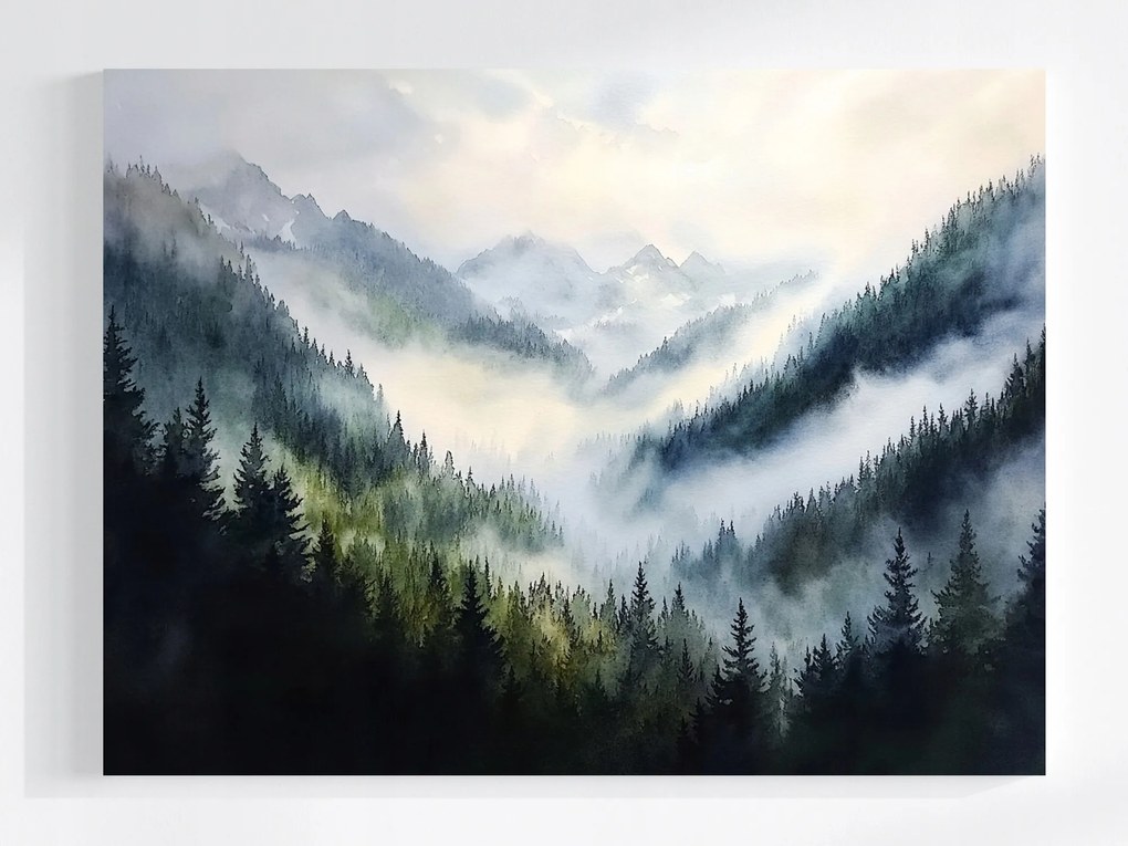 Vászonkép Canvas Tájkép Akvarell Hegyek Csúcsok Erdő Fák Köd 80x60