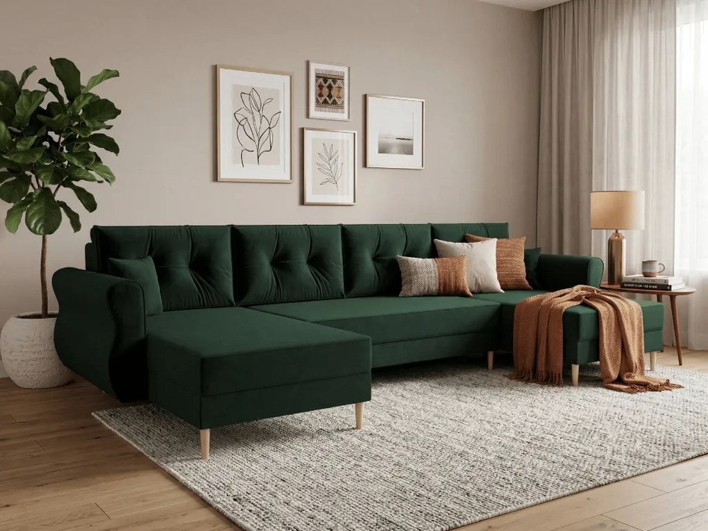 Ágyazható U alakú kanapé SILVIANO 300x140 cm, sötétzöld színű + 2 db díszpárna INGYEN