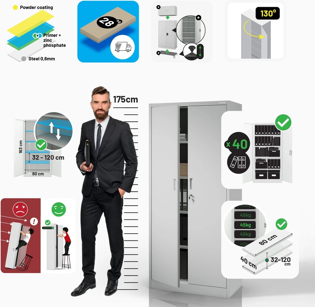 Fémszekrény JAN Compact 1750 x 800 x 400 mm, szürke