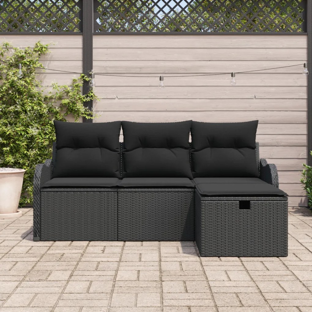 4 Részes Kerti Sofa Szett Párnákkal Fekete Poli Rattan
