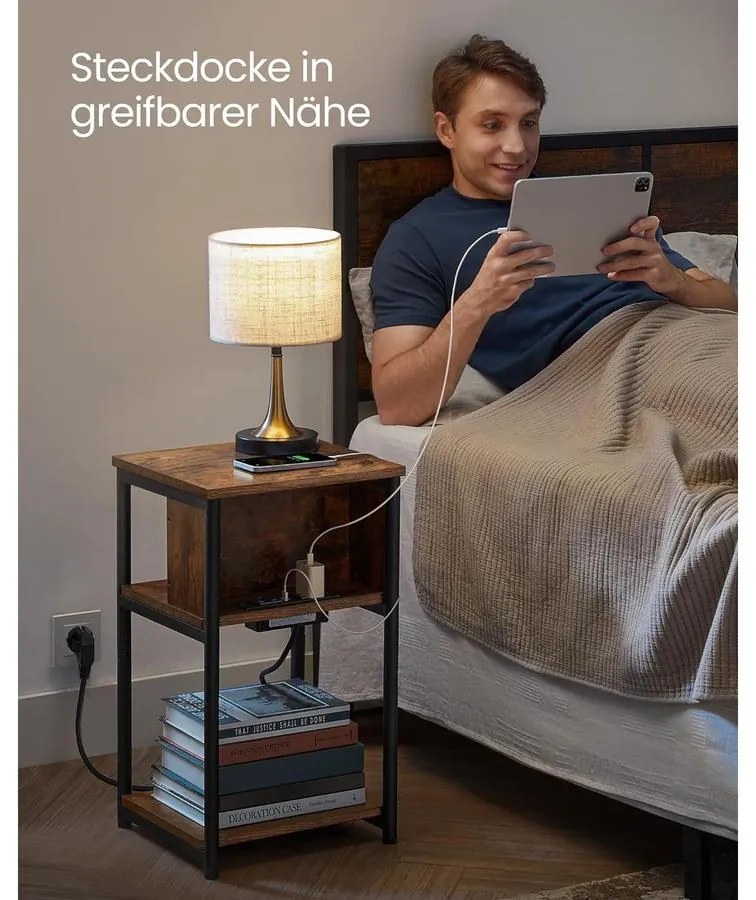 Oldalsó asztal, éjjeliszekrény, USB port bemenettel, barna/fekete