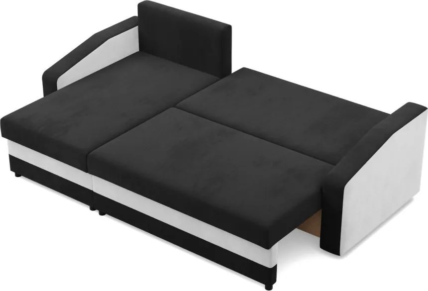 Hewlet sarokkanapé, 2 ágyneműtartóval, szövet anyag, univerzális oldal, hab töltet, fekete - fehér