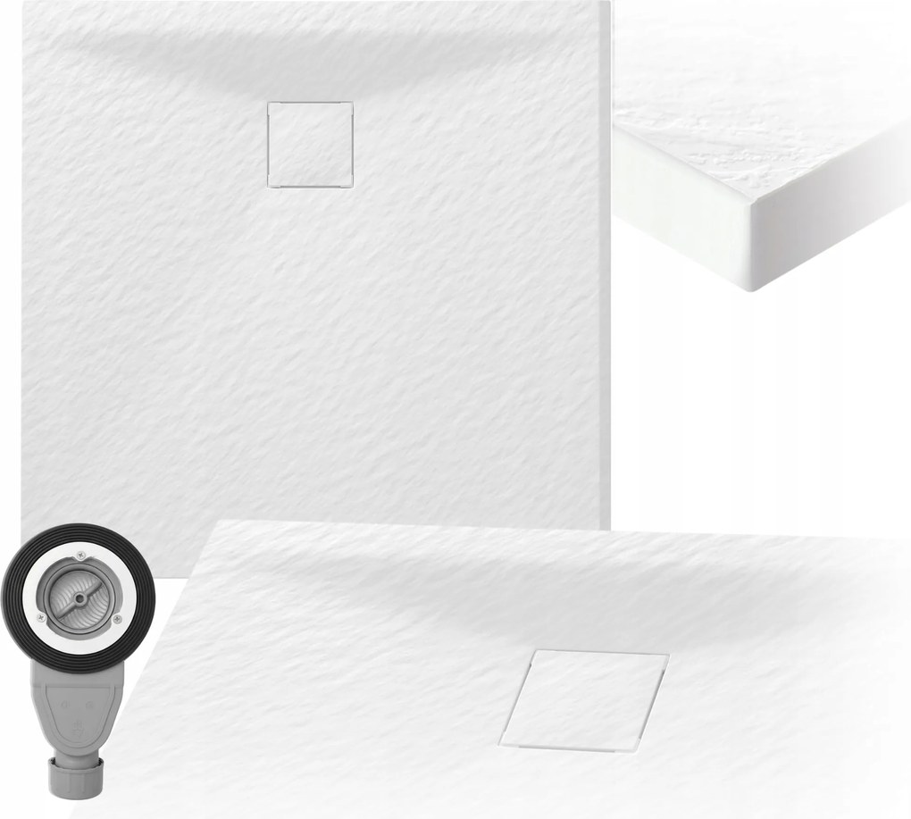 Zuhanytálca téglalap alakú 80x90 cm Kő szerkezet Fehér szifon