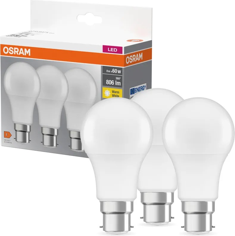 3x Led izzó A60 B22d 8W 60W 806lm 2700K Meleg fehér Osram