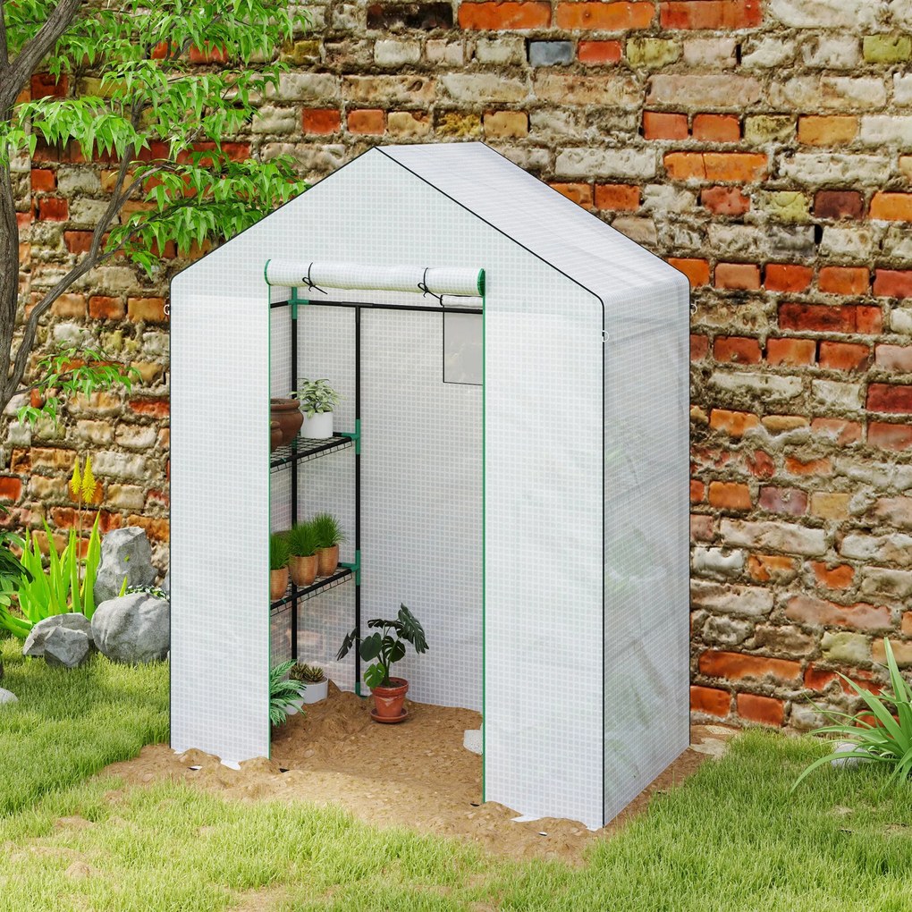 Outsunny PE Kert Üvegház 3-szintes Polcokkal, Balkon Üvegház, Megerősített 135 g/m² Ponyva, Acél Váz, Felhúzható Cipzáras Ajtó, Zöldségek, Növények, V