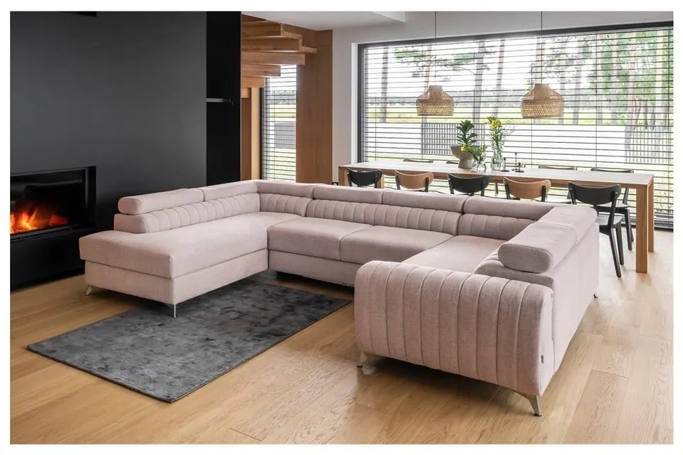 Rózsaszín kinyitható-tárolóhelyes sarokkanapé (bal oldali-U alakú) Louis – ELTAP