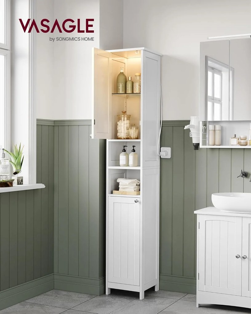 Magas és keskeny fürdőszobai szekrény világításal 170x30x30 fehér színben