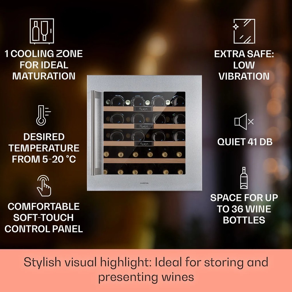 Klarstein Vinsider 36 Built-In Uno, beépített borhűtő, 92 liter, 36 palack, rozsdamentes acél