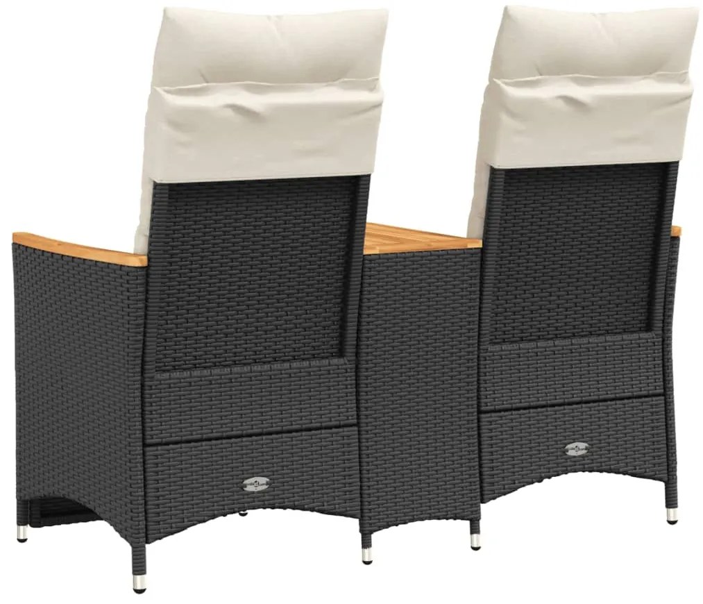 2 személyes fekete polyrattan dönthető kerti kanapé asztallal
