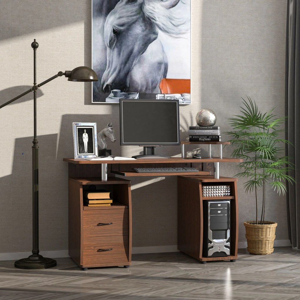 HOMCOM 120 cm-es számítógépasztal, irodai asztal több polccal, 2 fiókkal, billentyűzettartóval és CPU tartóval 120x55x85 cm Barna | Aosom