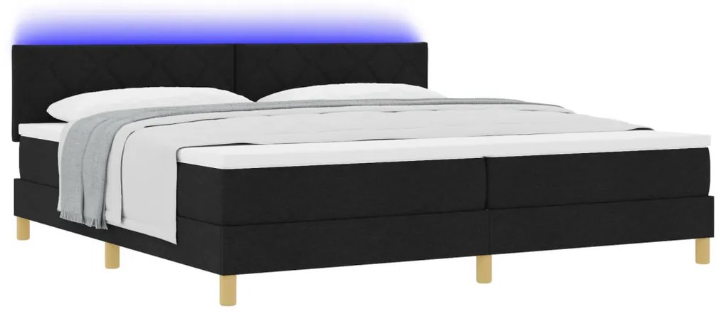 Boxspring ágy matraccal és LED világítással, fekete, 200x200 cm, szövet