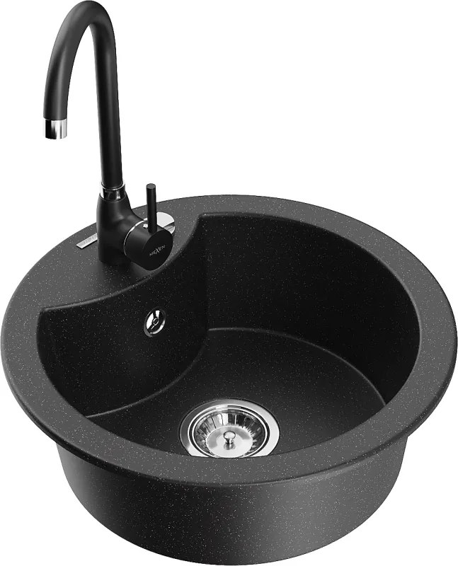 Mexen Diego gránit mosogató 1-medencés konyhai csappal Telma, fekete/ezüst - 6512-73-670200-70