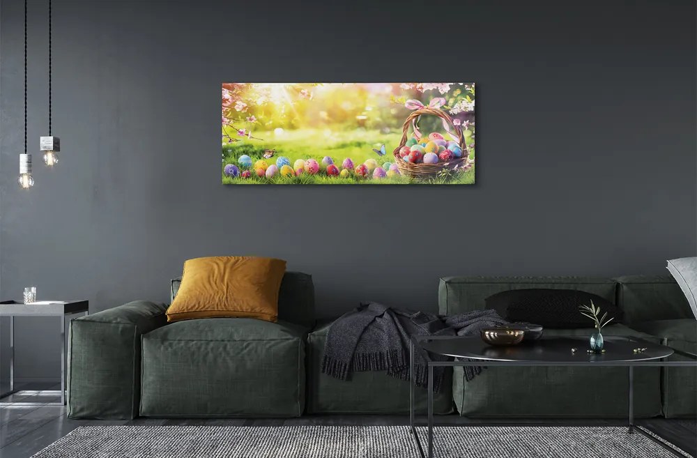 Üvegképek Kosár tojás virág rét 120x60cm