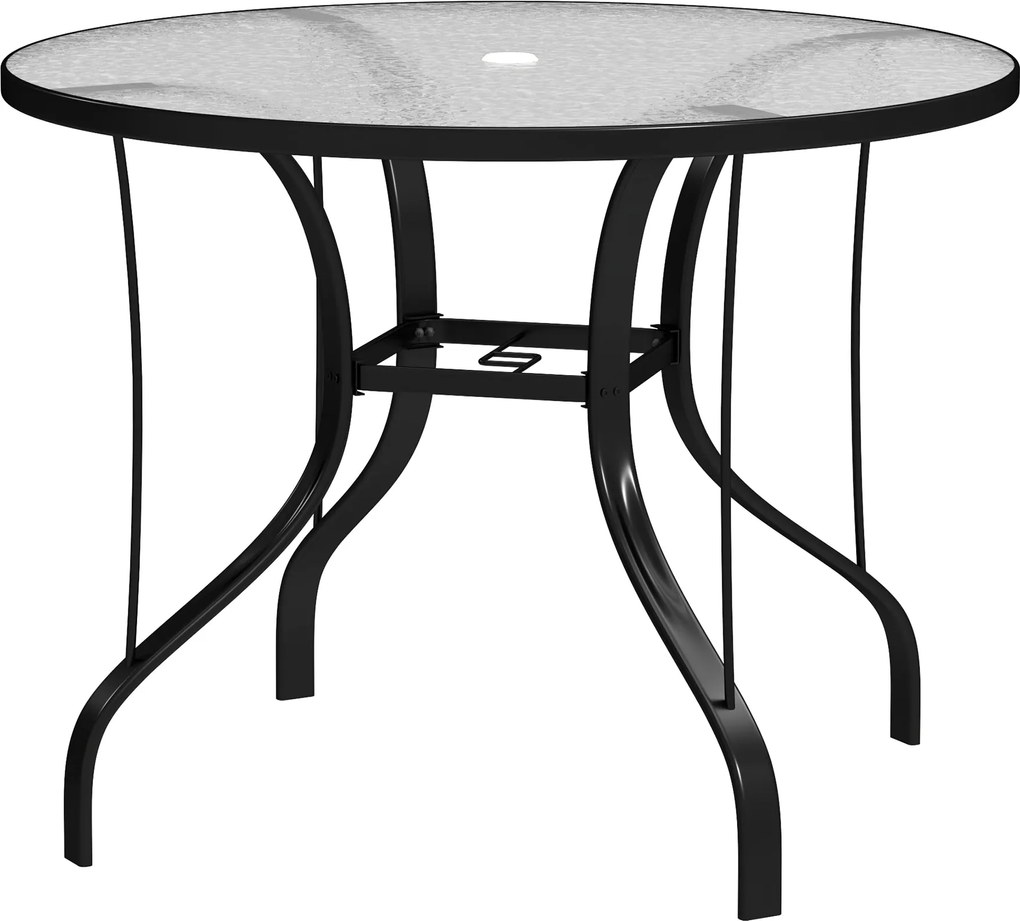 Outsunny Kültéri Kerti Asztal Napernyő Nyílással, Üveg Toppos Étkezőasztal Fém Szerkezettel Teraszra 96,5x71 cm Fekete | Aosom