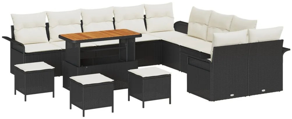 13 darabos kerti kanapé szett párnákkal, fekete, poli-rattan, akácia, 2 személyes kerti kanapé tárolóval és párnákkal, fekete poli-rattan, 3 darabos kerti étkező szett párnákkal, fekete poli-rattan, akácia