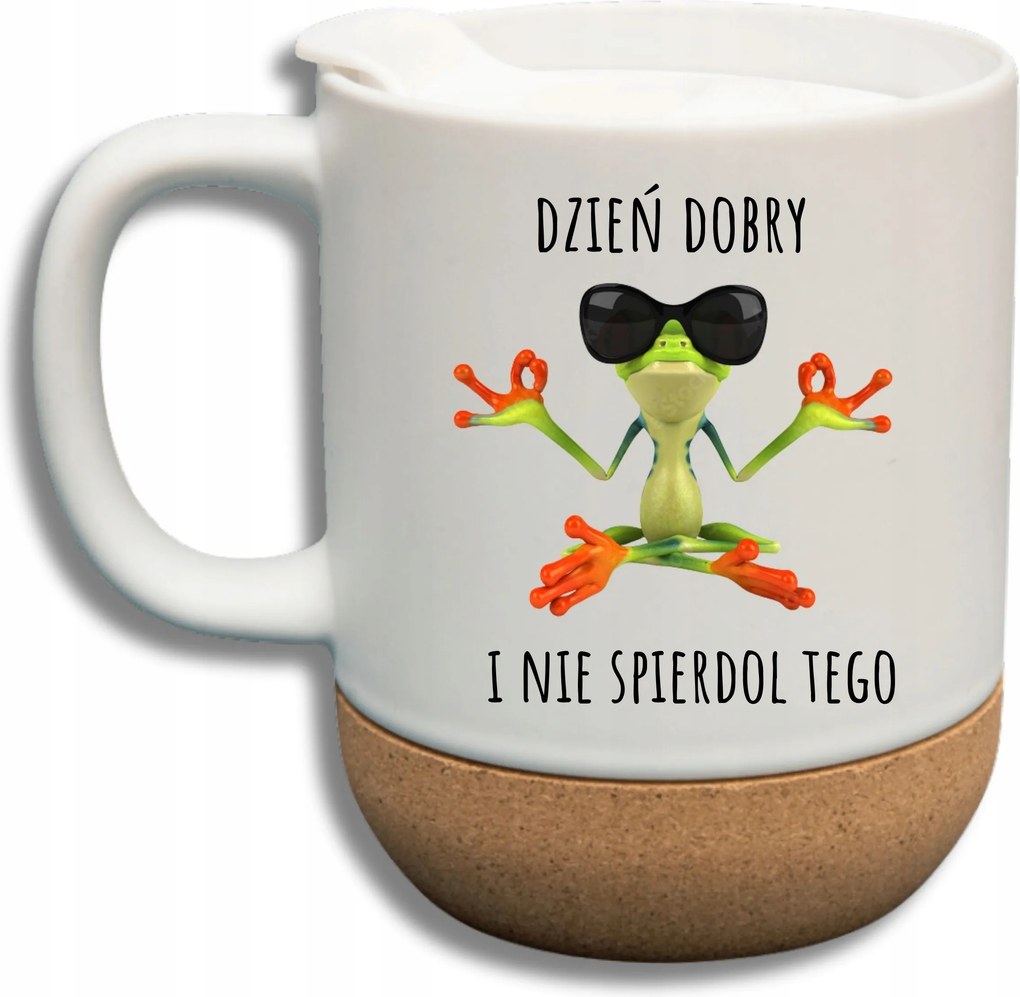 Fehér Bögre Fedéllel És Parafa Aljjal Ajándék Jó Reggelt