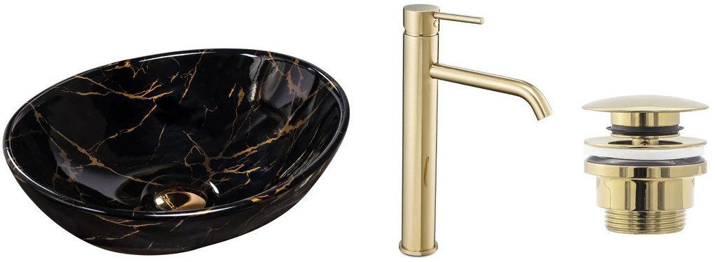 készlet Pultos mosdó Sofia marble black + Fürdőszobai csaptelep Lungo gold + Dugó gold