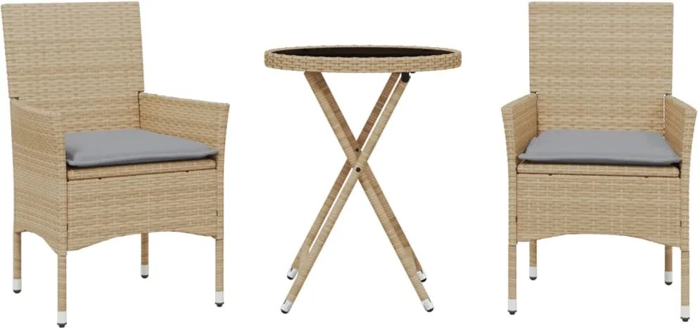 vidaXL 3 részes bézs polyrattan/üveg bisztrógarnitúra párnával