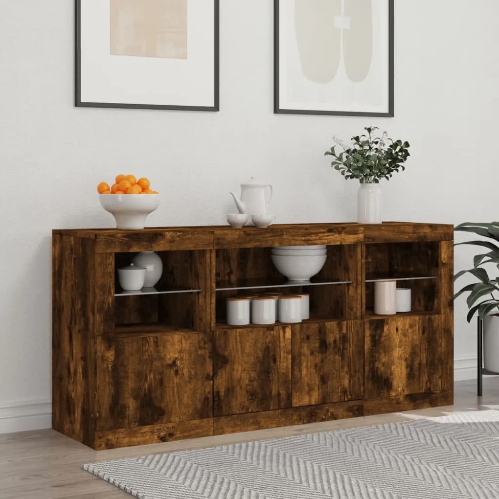 füstös tölgy színű tálalószekrény LED-ekkel 142,5 x 37 x 67 cm