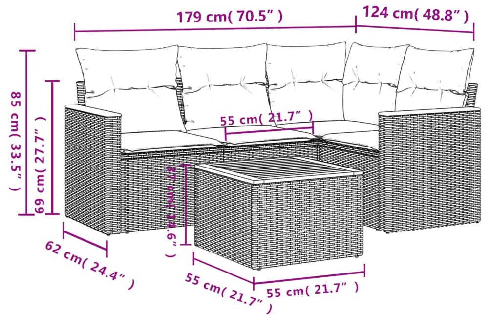 5 részes szürke polyrattan kerti ülőgarnitúra párnákkal