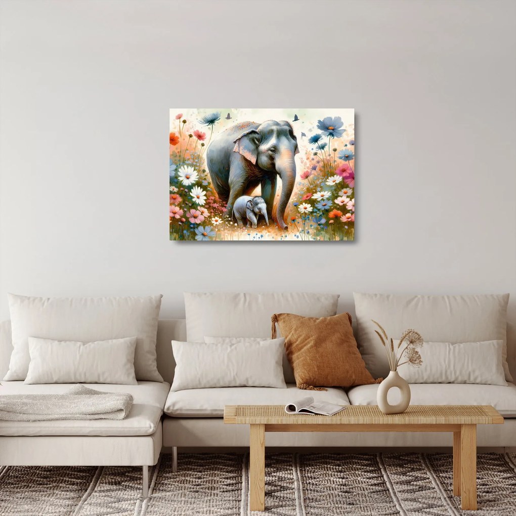 Üveg kép - Elefánt mama, akvarell (70x50 cm)