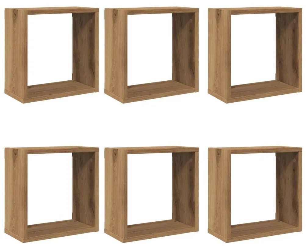 6 db kézműves tölgyszínű szerelt fa fali kockapolc 30x15x30 cm