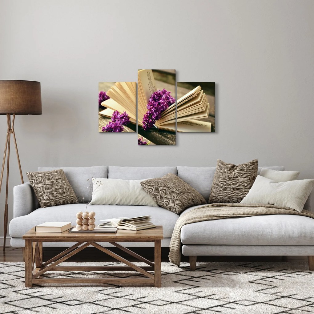 Kép egy könyvröl és a lila virágok (90x60 cm)