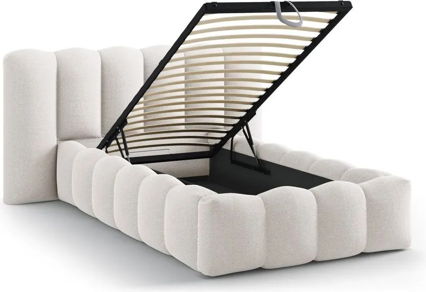 Krémszínű kárpitozott ágyneműtartós egyszemélyes ágy ágyráccsal 90x200 cm Lupine – Micadoni