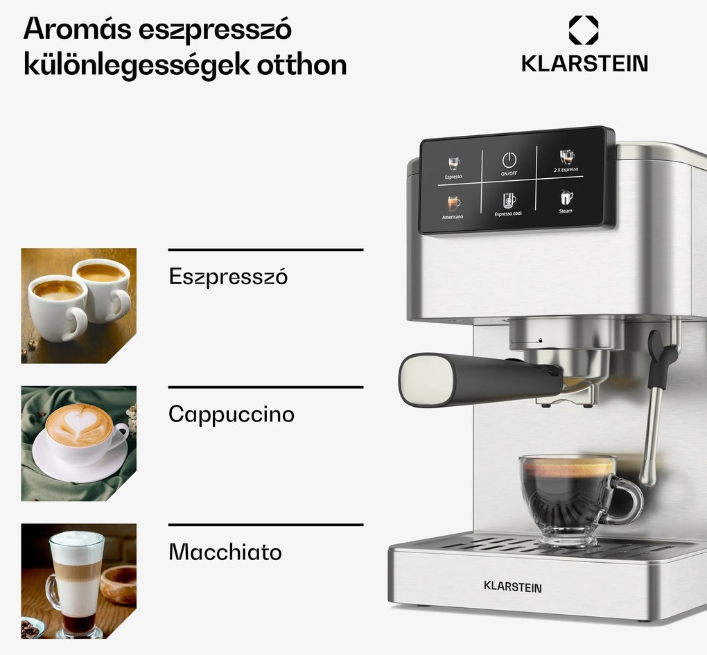 Klarstein SteelPresso kávégép portaszűrővel, Érintőkijelző, 20 bar, Rozsdamentes acél