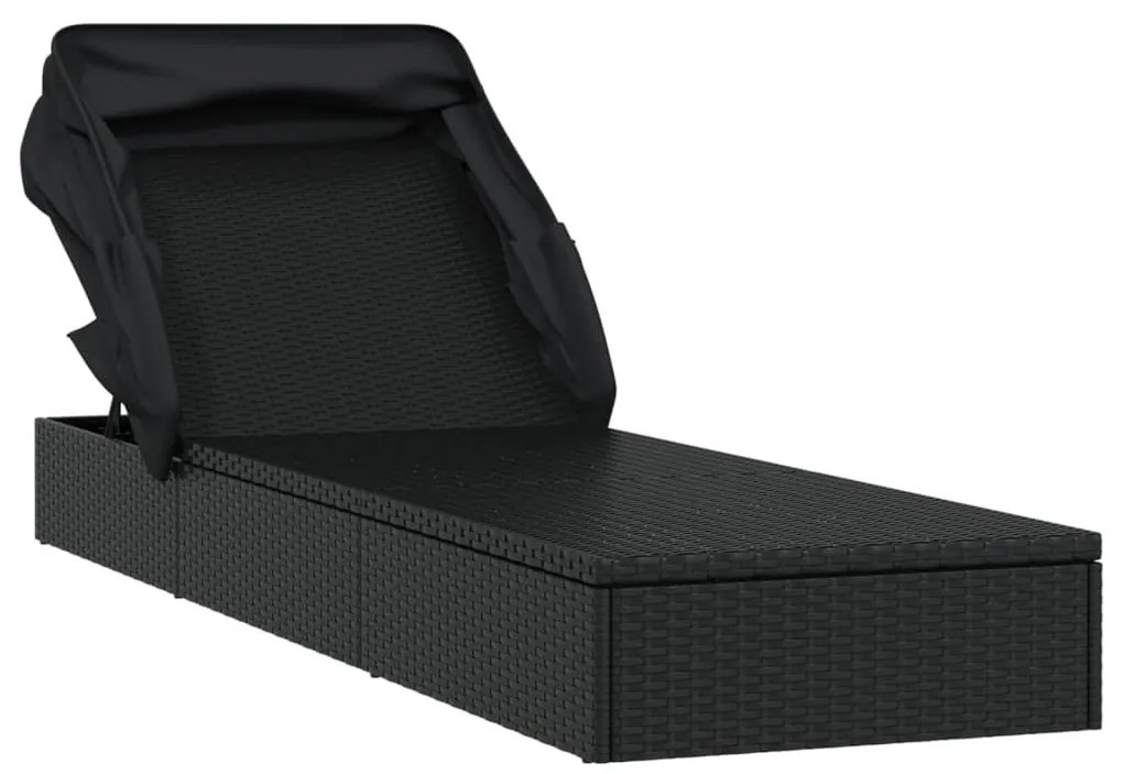 Fekete polyrattan napozóágy összecsukható tetővel 213x63x97 cm