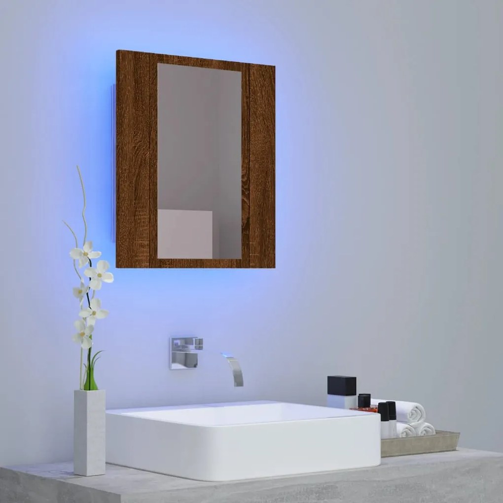 barna tölgy szerelt fa tükrös szekrény LED-del 40 x 12 x 45 cm