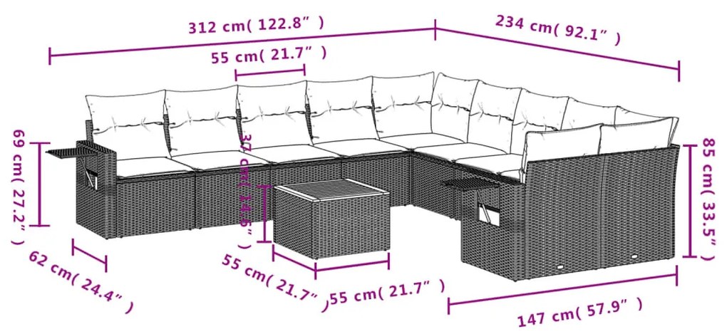 11 részes fekete polyrattan kerti ülőgarnitúra párnákkal