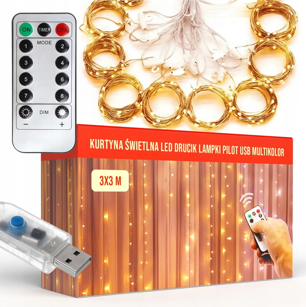 Led-es Fényfüggöny Karácsonyi Füzér 3x3 300 Led Beltéri Meleg