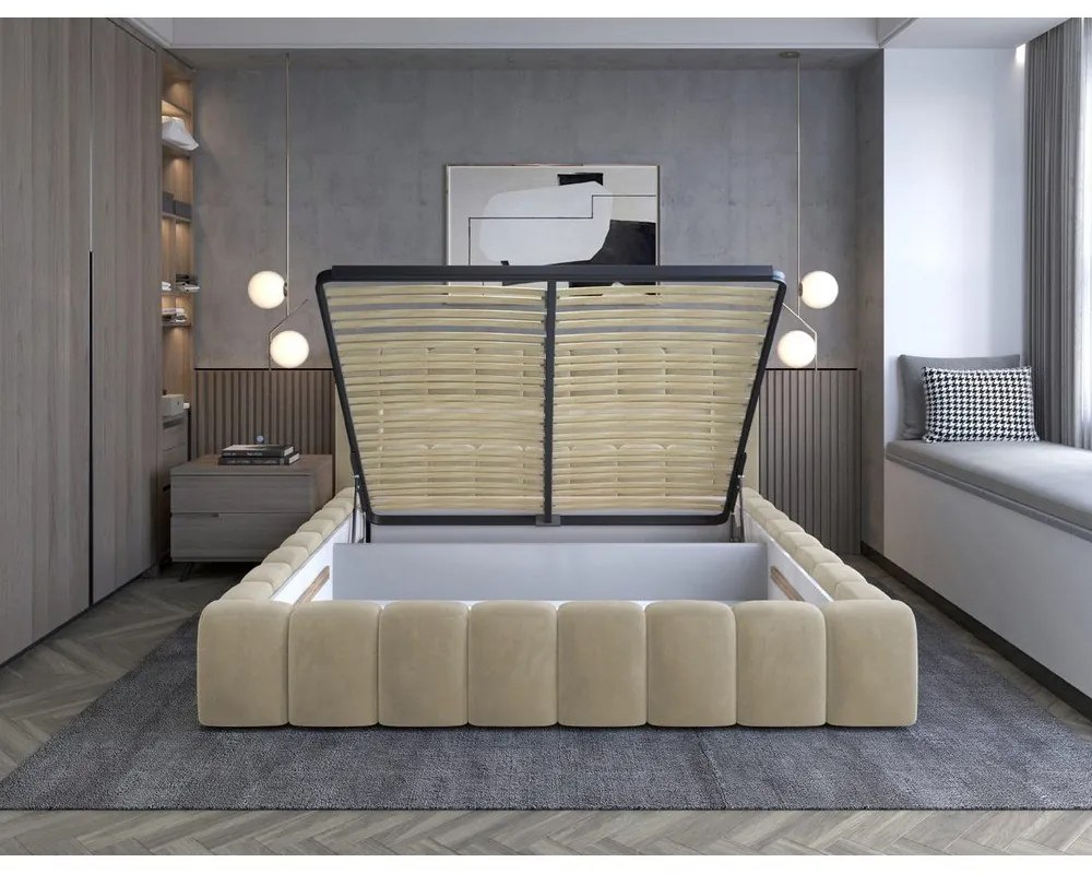 Bézs kárpitozott ágyneműtartós franciaágy ágyráccsal 160x200 cm Lamica – ELTAP