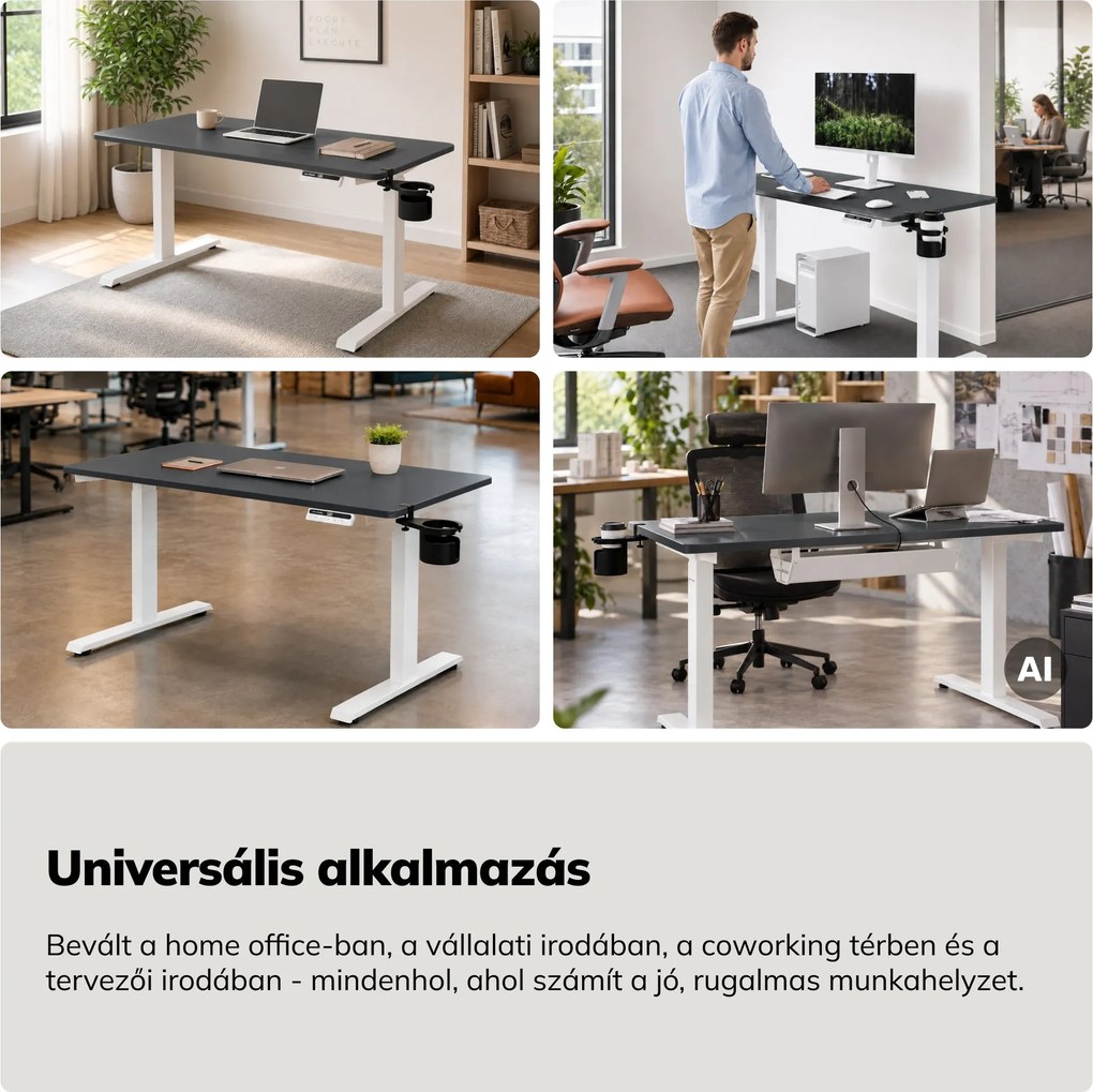Elektromos, állítható magasságú, ergonomikus, fehér-antracit íróasztal,1200x600 mm: ARIA