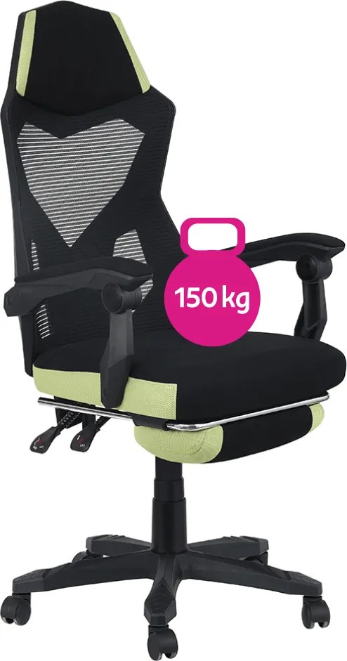 Irodai/gamer szék, fekete/zöld, teherbírás 150 kg, JORIK