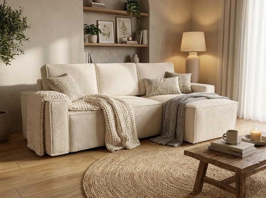 AKCIÓ Kinyitható kétoldalas L-alakú ülőgarnitúra SMART BOUCLE 232x143 cm, krémszínű II. osztály