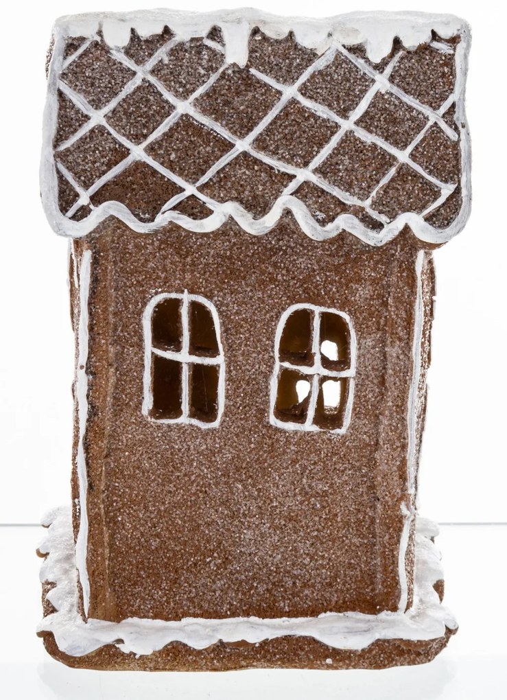 LED-es karácsonyi barna grillázs lámpás házikó ünnepi fenyőfás díszítéssel asztali dekoráció 20,5x14x12,5cm