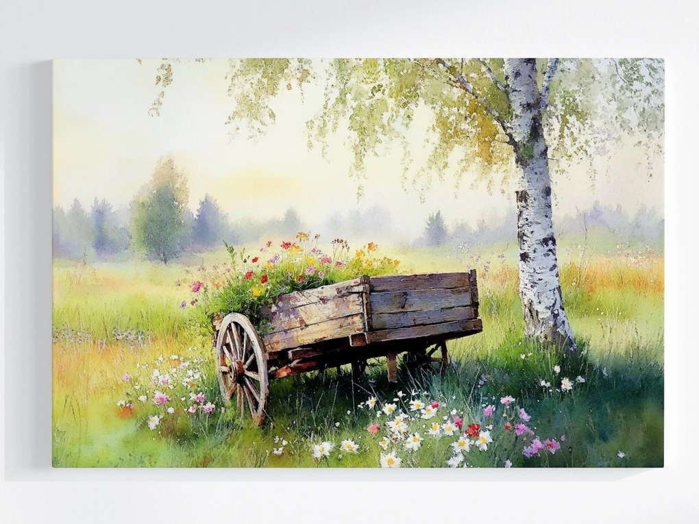 Vászonkép Canvas Tájkép Nyírfa Fa Kocsi Virágok 120x80