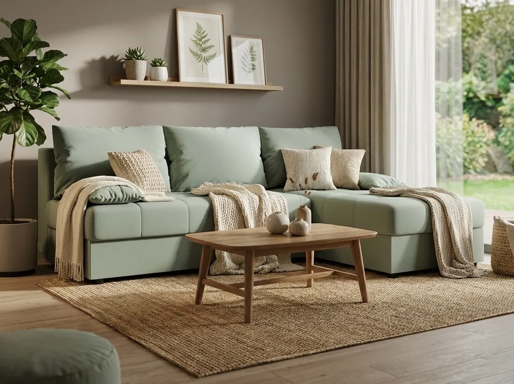 Kinyitható, kétoldalas L-alakú kanapé VENORIA SLIM 200x143 cm, világoszöld + 2 db párnácska INGYEN