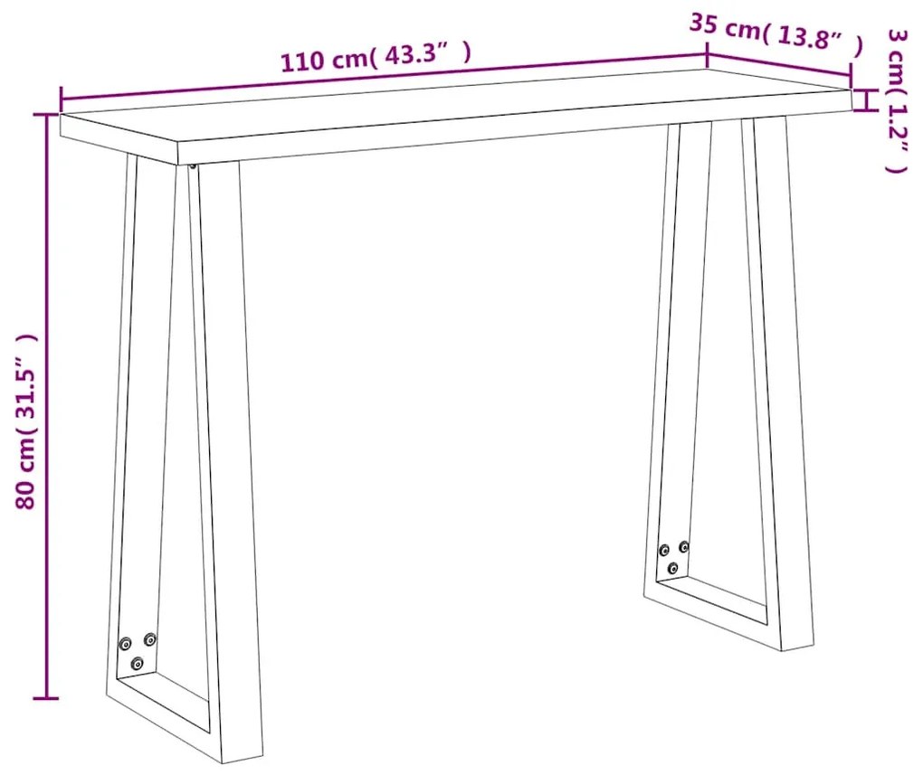 tömör akácfa konzolasztal természetes éllel 110x35x80 cm