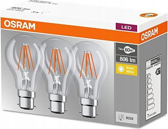 3x Led izzó B22d A60 6.5W 60W 806lm 2700K Meleg 360° Filament Osram