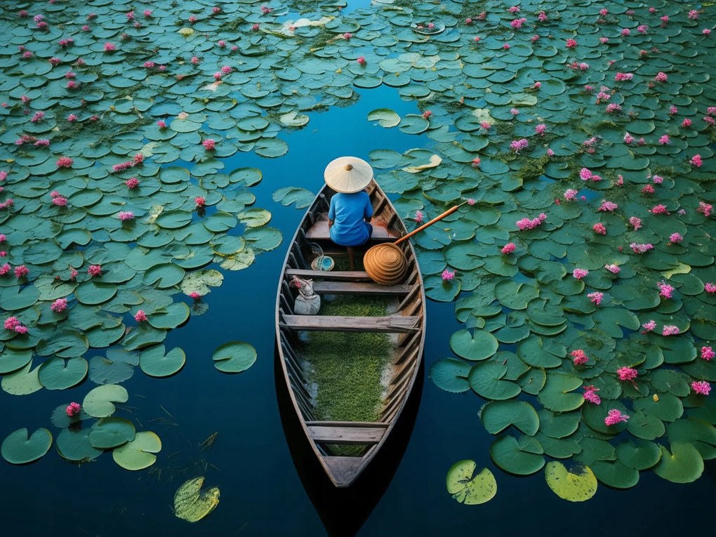 Poszter 40x30cm Csónak a tavirózsa között